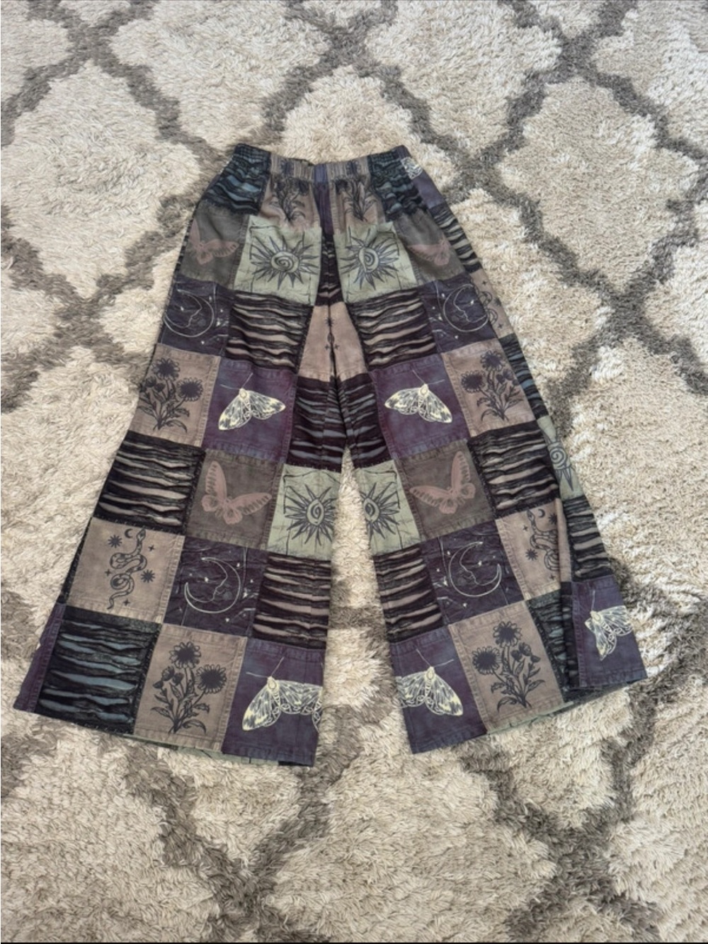 Boho wide -Leg Patchwork Print Pants - Brown & Purple